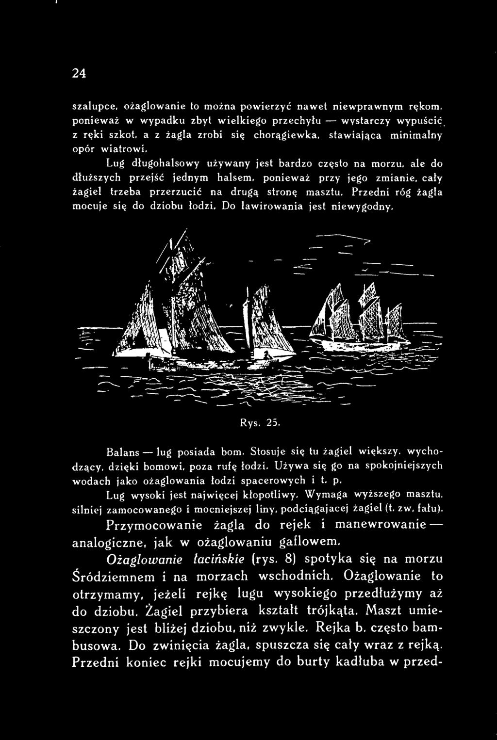 Używa się go na spokojniejszych wodach jako ożaglowania łodzi spacerowych i t. p. Lug wysoki jest najwięcej kłopotliwy. Wymaga wyższe!:!o masztu.