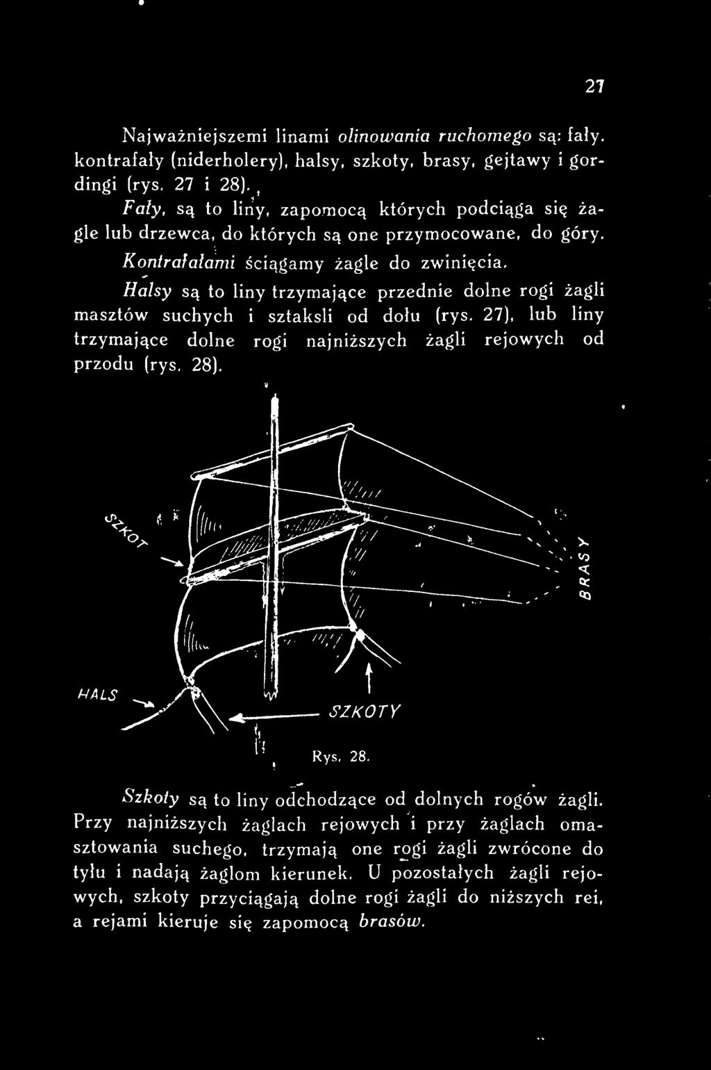 27), lub liny trzymające dolne rogi najniższych żagli rejowych od przodu (rys. 28). I-IALS -.. /./. Rys. 28. Szkoty są to liny odchodzące od dolnych rogów żagli.