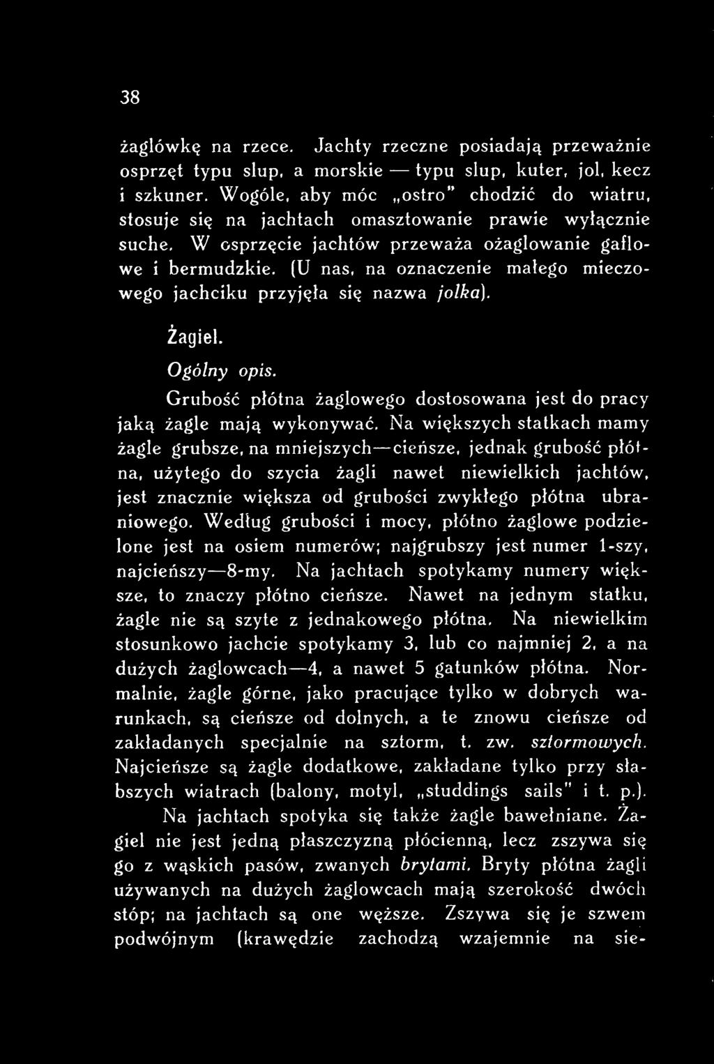 ubraniowego. Według grubości i mocy, płótno żaglowe podzielone jest na osiem numerów; najgrubszy jest numer 1-szy, najcieńszy-8-my. Na jachtach spotykamy numery większe, to znaczy płótno cieńsze.