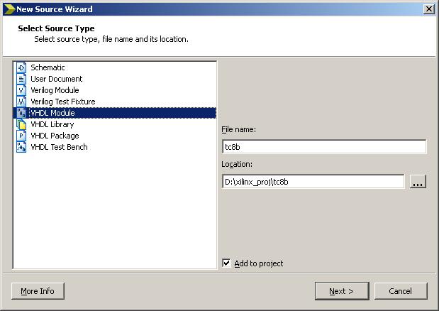 Okno kreatora nowego pliku źródłowego z typem ustawionym na moduł VHDL W kolejnym etapie tworzenia nowego źródła na ekranie pojawi się okno kreatora nowego źródła, w którym można