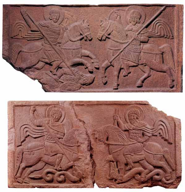 Ryc. 13. Płaskorzeźba z przedstawieniami św. Jerzego, Teodora Stratilesa, Nestora i Dymitra, Monaster św. Michała Archanioła w Kijowie (za E. I. Arhipova 2007, s. 604 607, ryc. 465 647) Abb. 13. Flachrelief mit den Darstellungen der heiligen Georgs, Theodors Stratelates, Nestors und Dimitris, St.