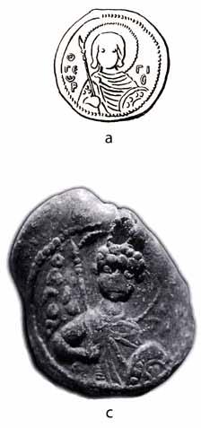 a b c d Ryc. 15. Pieczęcie książąt ruskich i srebrniki Jarosława Mądrego: pieczęcie ruskie: a b) pieczęć Rościsława Władimirowicza lub Mścisława Izjasławicza (za V. L. Ânin 1970a, s. 170, 172 tabl.
