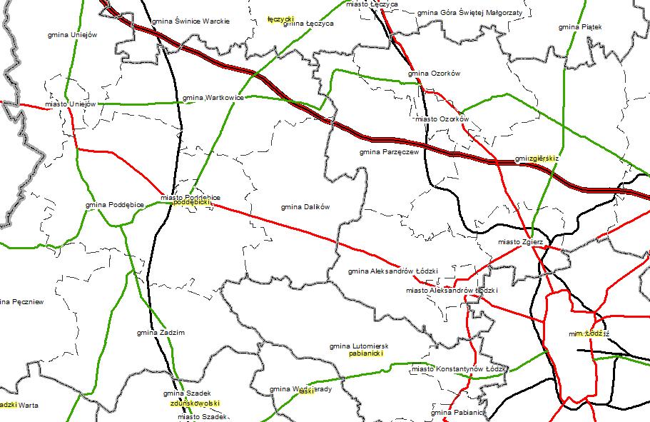 Rys. 2. Położenie gminy w systemie dróg krajowych i wojewódzkich ponadlokalne powiązania komunikacyjne. Źródło: Baza adresowa województwa łódzkiego (http://www.adresy.lodzkie.pl/).