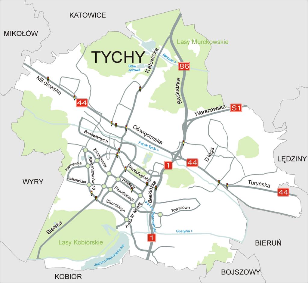 Do A4: 15-20 km Do A1: ok. 20 km Źródło: opracowanie własne na podstawie Wikipedia http://pl.wikipedia.org/wiki/tychy#gospodarka, dostęp dnia 2013-08-31.