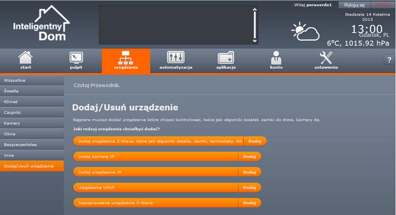 W zakładce Urządzenia można również dodawać nowe urządzenia do sieci Z-Wave. 15.