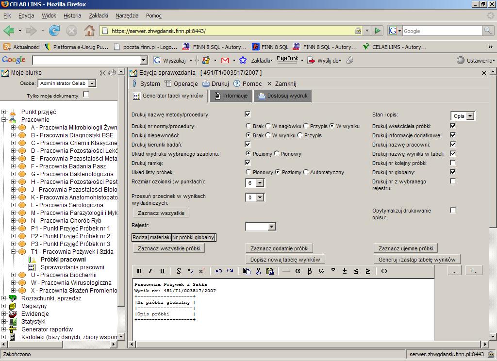 W oknie tym należy wygenerować tabelę wyników i ustawić parametry wydruku.