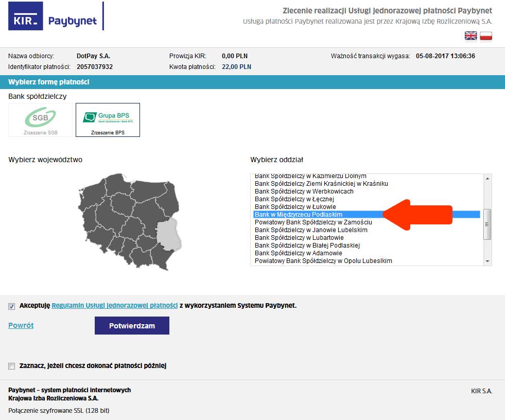 Po zaznaczeniu właściwego województwa, po prawej stronie mapy wyświetli się lista banków spółdzielczych zlokalizowanych w danym województwie (w tym przypadku woj. lubelskim).