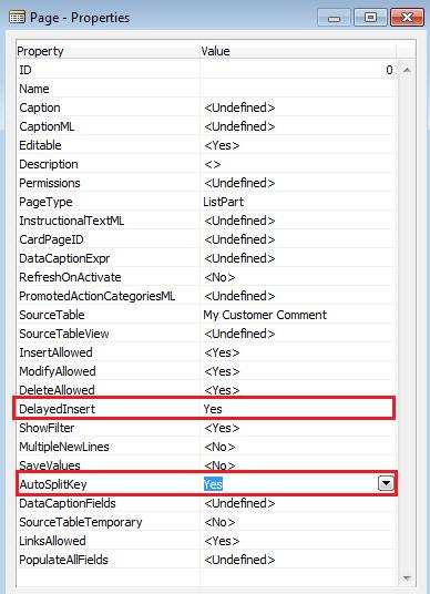 5. Ustaw na Yes właściwości page a DelayedInsert oraz AutoSplitKey (aby drugi człon klucza głównego czyli Line No.