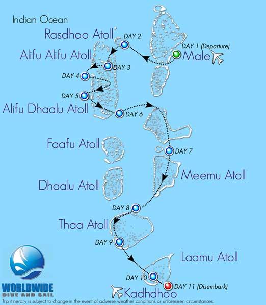 Trasa prowadzi z Male na atol Felidhe, Mulaku, Thaa i Huvadhoo.