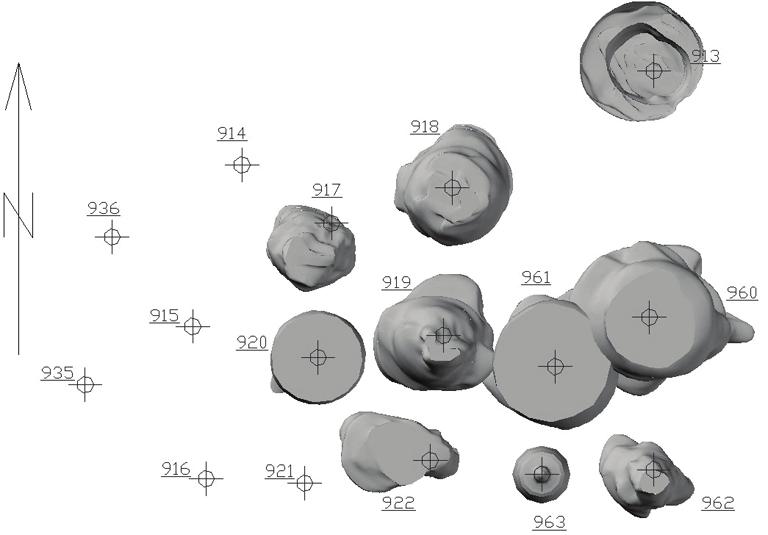 3. Przestrzenne odwzorowanie geometrii komór pola Pagory Do opracowania przestrzennego (bryłowego) modelu odwzorowania geometrii komór wykorzystano szczegółowe dane z pomiarów echosondą, dotyczące