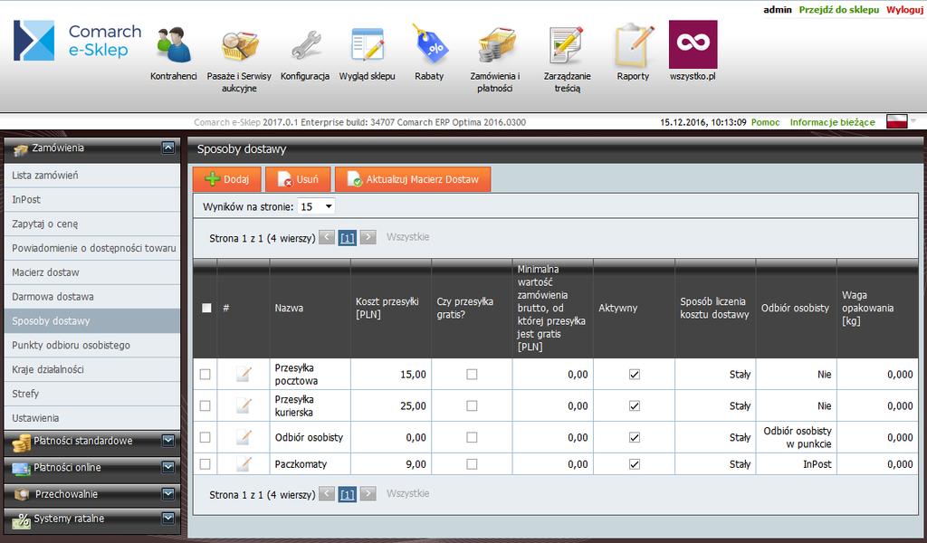 Po ustawieniu form wysyłki należy jeszcze skonfigurować macierz dostaw przejść do panelu Macierz dostaw i metodą Przeciągnij-upuść podpiąć formy płatności do danego typu dostawy.