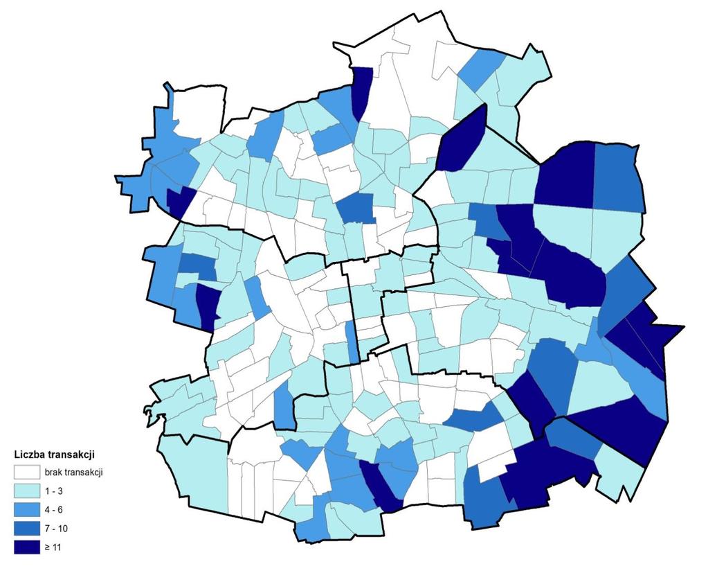 Raport roczny Obrót niezabudowanymi działkami gruntu w Łodzi w 2016 r. Transakcje nieruchomościami gruntowymi w badanym roku zarejestrowano w 134 obrębach i jest to identyczny wynik jak w 2015 r.