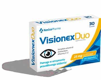 Visionex Duo polecany jest w celu: Utrzymania prawidłowego widzenia Zmniejszenia uczucia zmęczenia i znużenia Ochrony komórek przed stresem oksydacyjnym Prawidłowej produkcji czerwonych krwinek