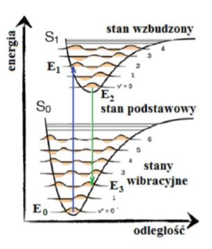 Scyntylatory organiczne energia wzbudzenia jest o wiele większa niż energia stanów wibracyjnych cząstek od E 0 do E 1 : szybkie wzbudzenie elektronów od E 1 do E 2 : energia wytracana jest na