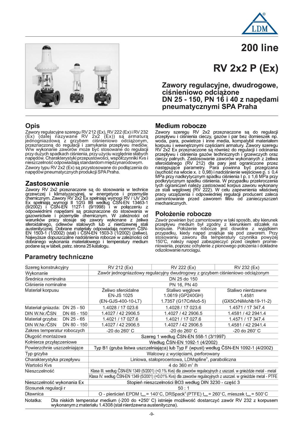 /LDM\ 00 linę RV x P (Ex) Zawory regulacyjne, dwudrogowe, ciśnieniowo odciążone DN 5-50, PN 6 i 0 z napędami pneumatycznymi SPA Praha Opis Medium robocze Zawory regulacyjne szeregu RV (Ex), RV (Ex) i