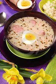 White borscht 2-3 sausages pieces of smoked ribs 500ml sour barley acid 2-3 teaspoon sour cream vegetables 1 medium onion 1-2 garlic cloves laurel leaf marjoram 2 grains allspice 2-3 potatoes spices