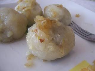 Dumplings - Michał Guniowski, Vc 1 kg potatoes ½ kg boiled potatoes 1 egg 20 grams of fat bacon or pork fat 1 large onion a little bit of wheat flour or potato flour (optional) salt Cut bacon into