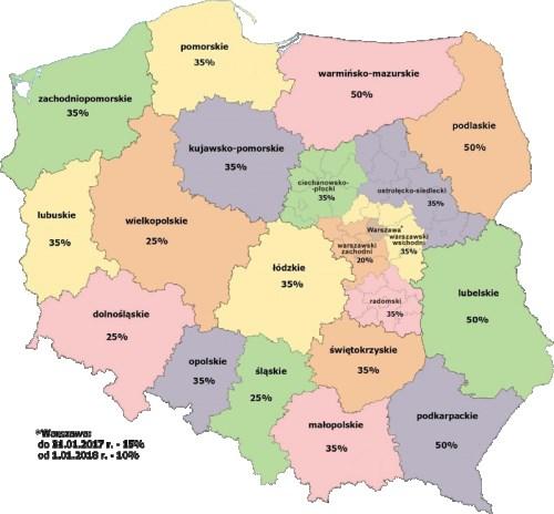 Mapa pomocy regionalnej Wielkopolska wsparcie 25% Średnie