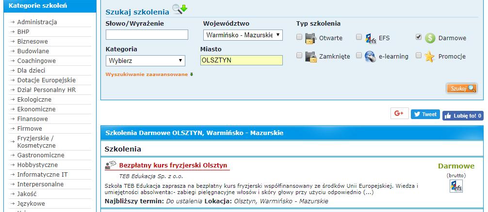 Będąc na stronie głównej portalu możemy wcisnąć przycisk Szukaj szkolenia. Rozwijamy wówczas listę wszystkich dostępnych pól dialogowych.