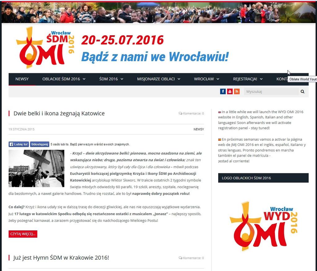 wydarzenia Startujemy dla papieża! Ruszyła oficjalna strona Oblackich Światowych Dni Młodzieży w 2016 r.! Przed spotkaniem z papieżem w Krakowie wcześniej przygotujemy się we Wrocławiu!