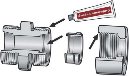 Zamocować króciec OMO wybranej rury w imadle. Nasmarować gwint i stożek OMO oraz gwint nakrętki.