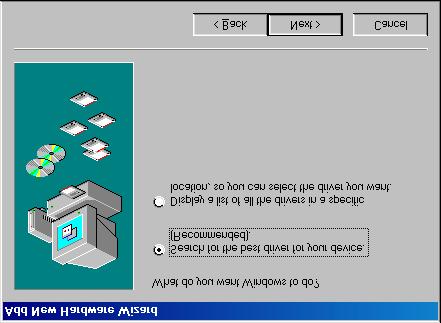 3. Włóż dyskietkę ze sterownikiem do stacji dysków A: i kliknij Dalej (Next). Pojawi się okno przedstawione na rysunku 4. Rysunek 4: nowy sprzęt w Windows 98 4.