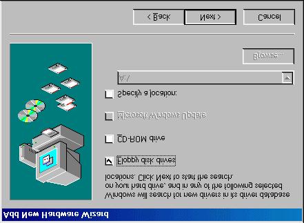 5. Wybierz instalację sterownika z dyskietki, zaznaczając górne pole. Kliknij Dalej (Next). Rysunek 5: instalacja w Windows 98 6.