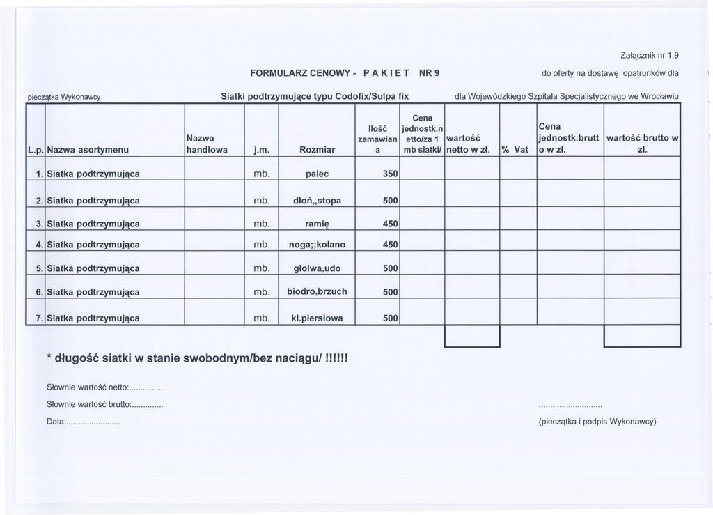 FORMULARZCENOWY- P A K I E T NR 9 Zalacznik nr 1.9 pieczatka Wykonawcy Siatki podtrzymujace typu Codofix/Sulpa fix Ilosc jednostk.n Nazwa zamawian etto/za 1 wartosc jednostk.brutt wartosc brutto w L.