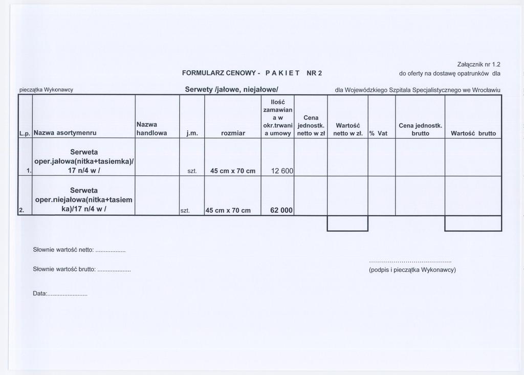 FORMULARZCENOWY- P A K I E T NR 2 Zalacznik nr 1.2 pieczatka Wykonawcy Serwety Ijalowe, niejalowel Ilosc zamawian aw Nazwa okr.trwani jednostko Wartosc jednostko L.p. Nazwaasortymenru handlowa j.m. rozmiar a umowy netto w zl netto w zl.
