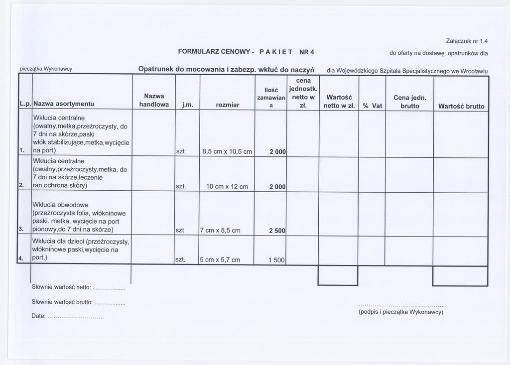 FORMULARZ CENOWY- P A K I E T NR 4 Zalacznik nr 1.4 pieczatka Wykonawcy Opatrunek do mocowania i zabezp. wkluc do naczyn cena Ilosc jednostko Nazwa zamawian netto w Wartosc jedno L.p. Nazwa asortymentu handlowa j.