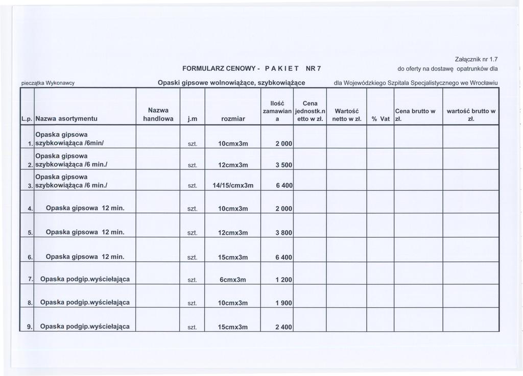 FORMULARZ CENOWY- P A K I E T NR 7 Zalacznik nr 1.7 pieczatka Wykonawcy Opaski gipsowe wolnowiazace, szybkowiazace Ilosc Nazwa zamawian jednostk.n Wartosc brutto w wartosc brutto w L.p. Nazwa asortymentu handlowa j.
