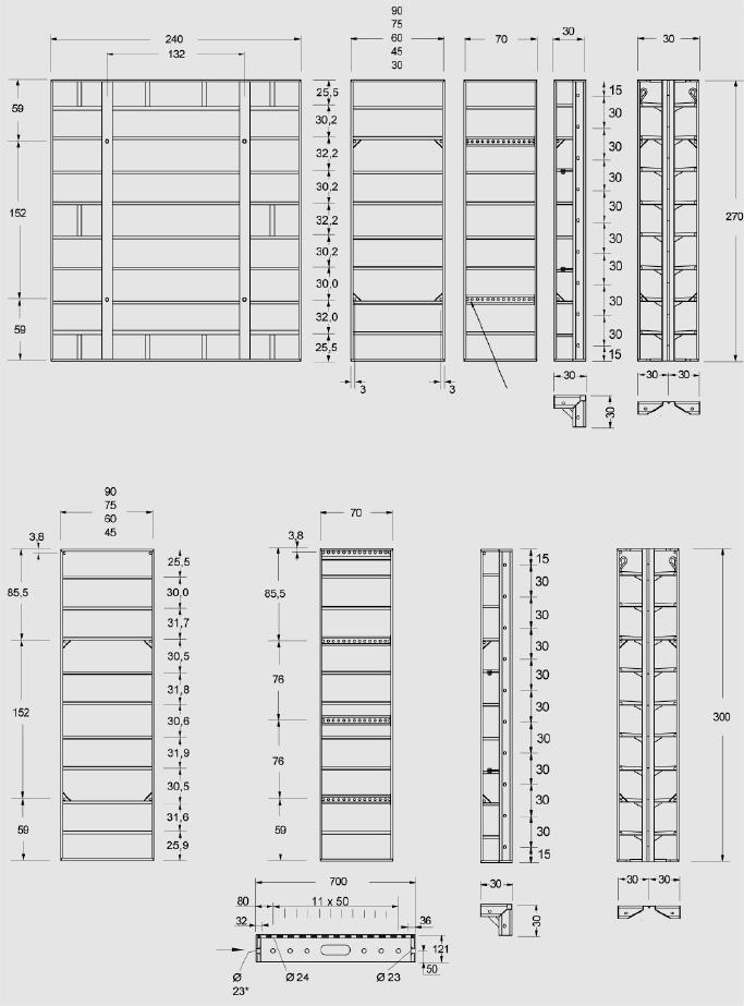 Wymiary elementów RASTO-TAKKO System deskowania Takko/Rasto o wysokości 270 cm Moduł 5 cm