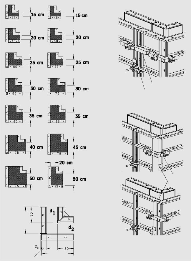 Narożniki Rozmieszczenie płyt Rasto w przypadku grubości ściany od 15 do 50 cm z modułem co 5 cm Element wyrównawczy 5 umożliwia wyrównanie przeskoków w module szerokości płyt.
