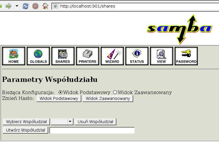 SWAT zarządzanie udziałami plików Laboratorium Sieci Komputerowych PK WIEiK Po wybraniu ikony SHARES, wyświetli stronę WWW, która pozwoli