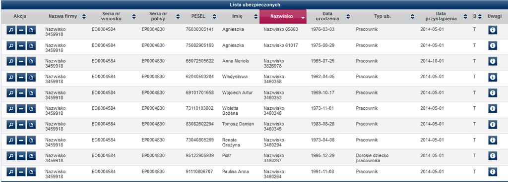 Rysunek 13 Sortowanie malejąco Ponowne naciśnięcie kolumny spowoduje wyświetlenie wyników wyszukiwania rosnąco wyświetlając w etykiecie kolumny strzałkę w górę : Rysunek 14 Sortowanie rosnąco
