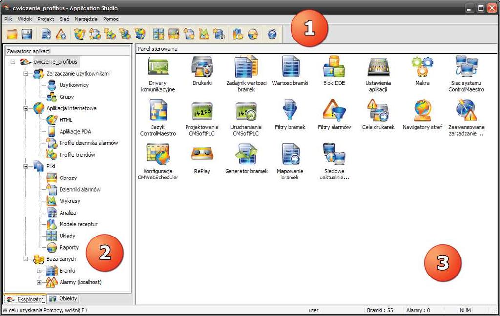 Edytor aplikacji Application studio wszystkich elementów aplikacji w czasie projektowania. Okno rys. 25, pkt. 1) oraz dwóch ramek Rys. 25. Okno edytora Application Studio.