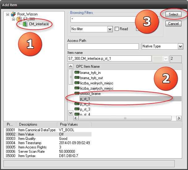 Rys. 41. Wybór bramki z serwera OPC. Wybór zmiennej w eksploratorze serwera OPC: 1. podczas konfiguracji serwera OPC i imporcie programu sterownika), 2. 3. Klikamy Select.