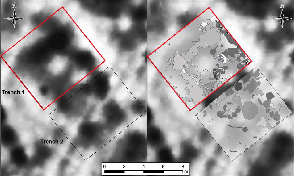Odkryto pozostałości ścian oraz podłogi chaty, a także pieca o średnicy około 100 cm. Wykop archeologiczny (oznaczony nr 1) miał wymiary 8 7 m (ryc. 8).