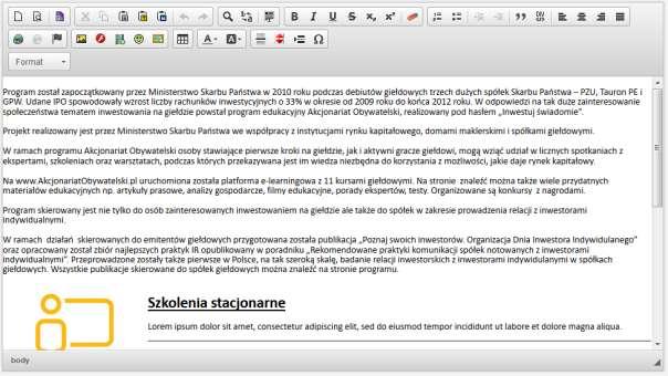 Edytor HTML uproszczony Edytor uproszczony pozbawiony jest niektórych funkcji edytora rozbudowanego. Jego zasada działania jest identyczna. Edytor uproszczony 1.3.