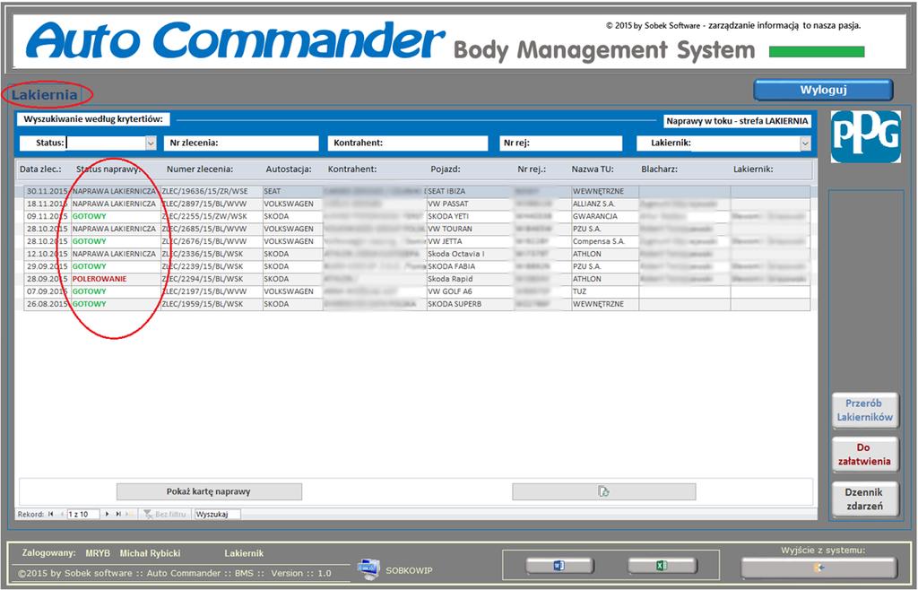 Etap czwarty Lakiernia W zakładce Lakiernia znajdują się wszystkie naprawy samochodów już przyjętych do naprawy.