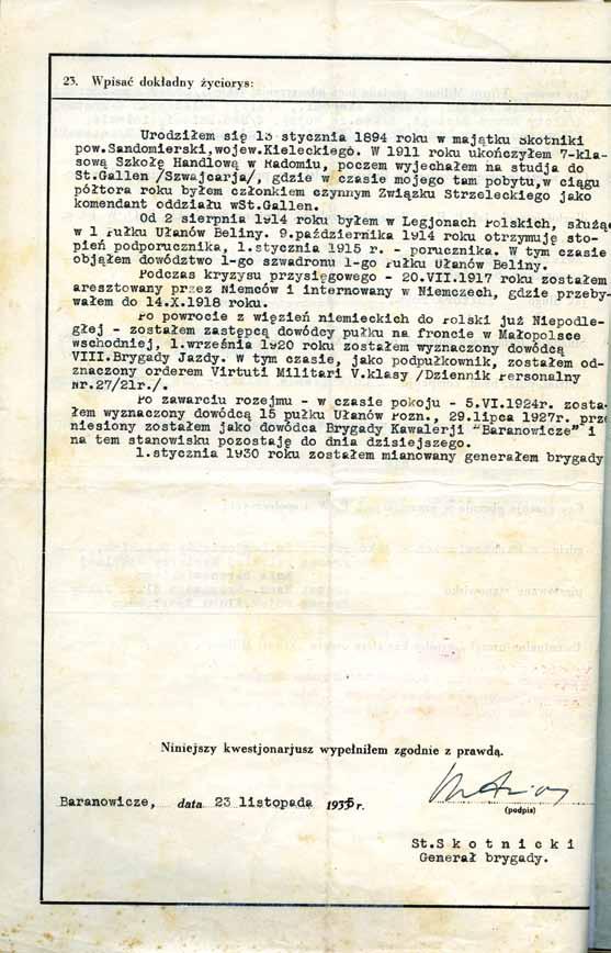 Żołnierze Września 1939 Fragment kwestionariusza Krzyża Virtuti Militari Stanisława Skotnickiego.