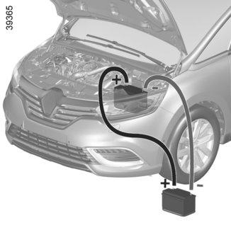 AKUMULATOR: postępowanie w razie awarii (2/2) Uruchamianie silnika przy pomocy akumulatora innego samochodu Aby uruchomić silnik, w przypadku konieczności użycia akumulatora innego pojazdu, należy