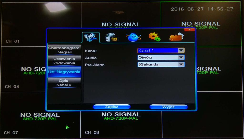 Ustawienia Nagrywania służą włączeniu lub wyłączeniu dźwięku z kamery danego kanału oraz ustawieniu czasu zapisu obrazu przed wystąpieniem alarmu (max. 30s) Fot.