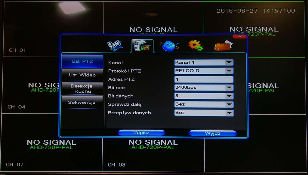 Ustawienia PTZ w tym menu dokonuje się ustawień związanych z kamerami typu PTZ: Kanał wybór kanału dla którego mają być dokonywane ustawienia Protokół PTZ wybór protokołu komunikacyjnego PTZ Adres