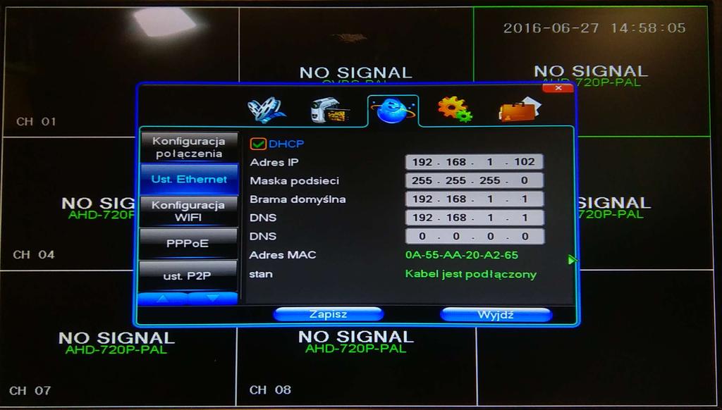 Fot.10 Widok Menu Głównego w zakładce Sieć, Konfiguracja Połączenia Ustawienia Ethernet umożliwiają skonfigurowanie sieci w przypadku podłączenia kabla sieciowego.