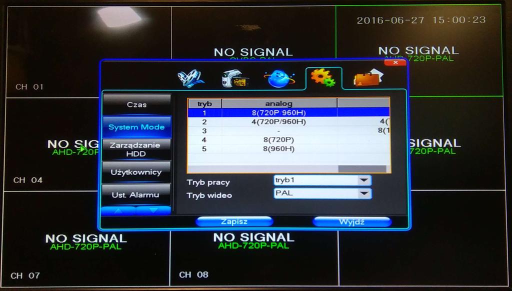 Fot.20 Widok Menu Głównego w zakładce System, System Mode (rejestrator 8 kanałowy 720p) Zarządzanie HDD w menu tym dokonuje się zmiany ustawień dotyczących rejestracji obrazu na dysku twardym po jego