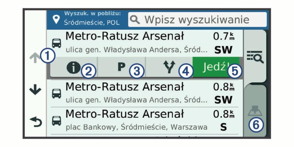Wyszukiwanie pozycji przy użyciu paska wyszukiwania Pozycje można wyszukiwać za pomocą paska wyszukiwania, wpisując w nim kategorię, markę, adres lub nazwę miasta. 1 Wybierz Dokąd?