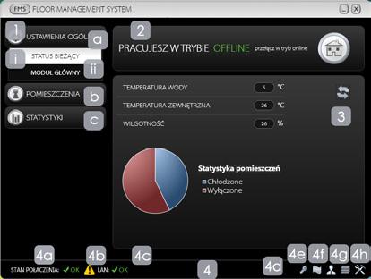 9.4. OKNO GŁÓWNE APLIKACJI FMS DESKTOP 1. MENU GŁÓWNE PROGRAMU: a. USTAWIENIA OGÓLNE i. STATUS BIEŻĄCY zawiera podstawowe odczyty z czujników zewnętrznych oraz statystyki pomieszczeń; ii.