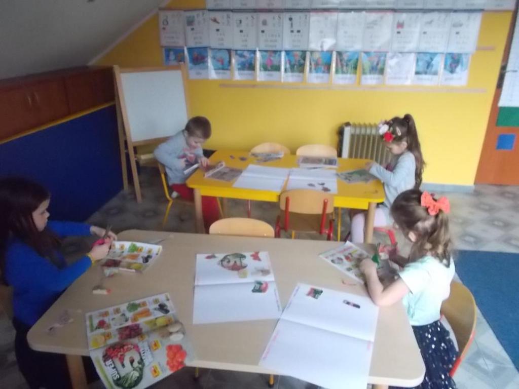 Dzieci wypowiadały się co lubią jeść na śniadanie, obiad, kolację. Dzieci poznały piramidę żywienia.