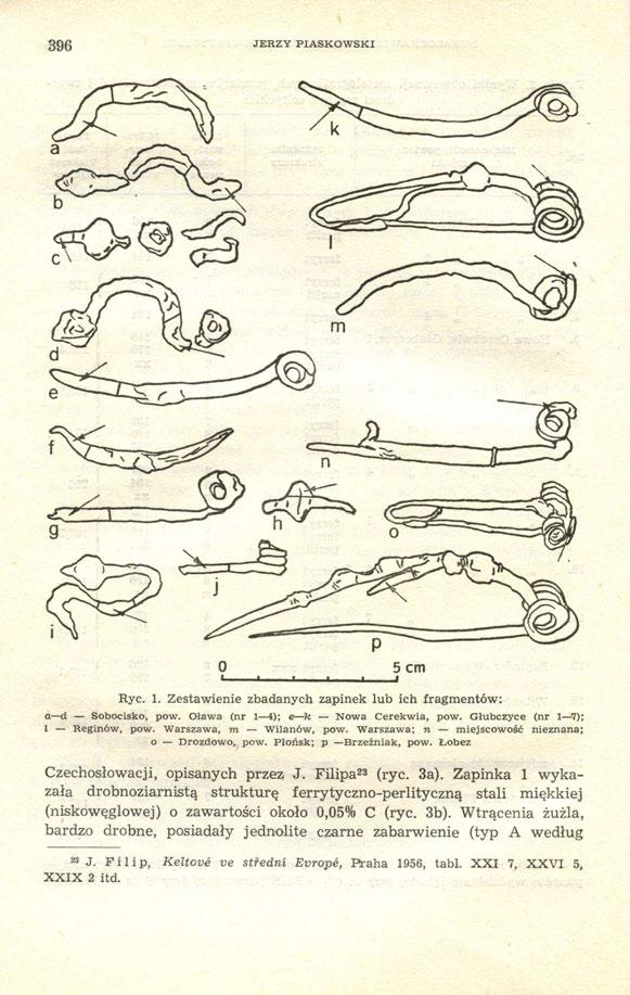 396 JERZY PIASKOWSKI Ryc. 1. Zestawienie zbadanych zapinek lub ich fragmentów: a d Sobocisko, pow. Oława (nr 1 4); e k Nowa Cerekwia, pow. Głubczyce (nr 1 7); l Reginów, pow. Warszawa, m Wilanów, pow.